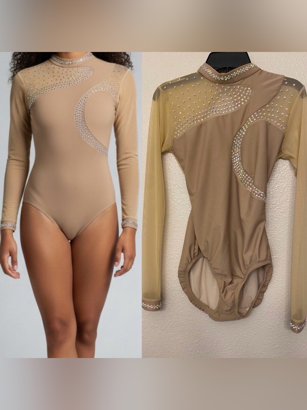 LA dance solo custom tan nude beige long leotard costume illusion rhinestones MA